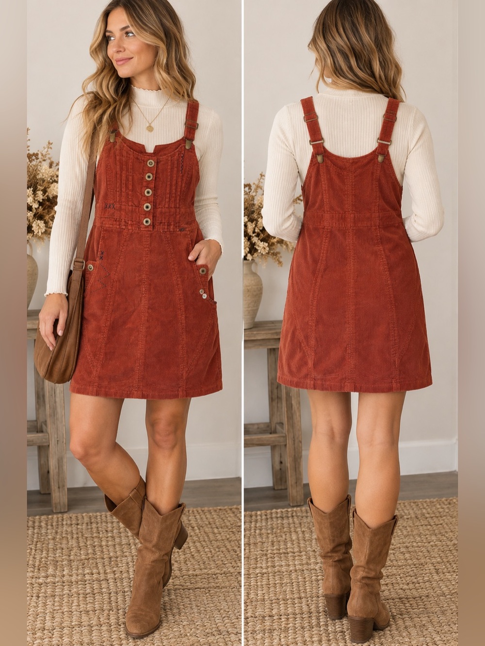 Joe Browns Corduroy Pinafore Dress US 6 Rust Orange Boho Overall Jumper